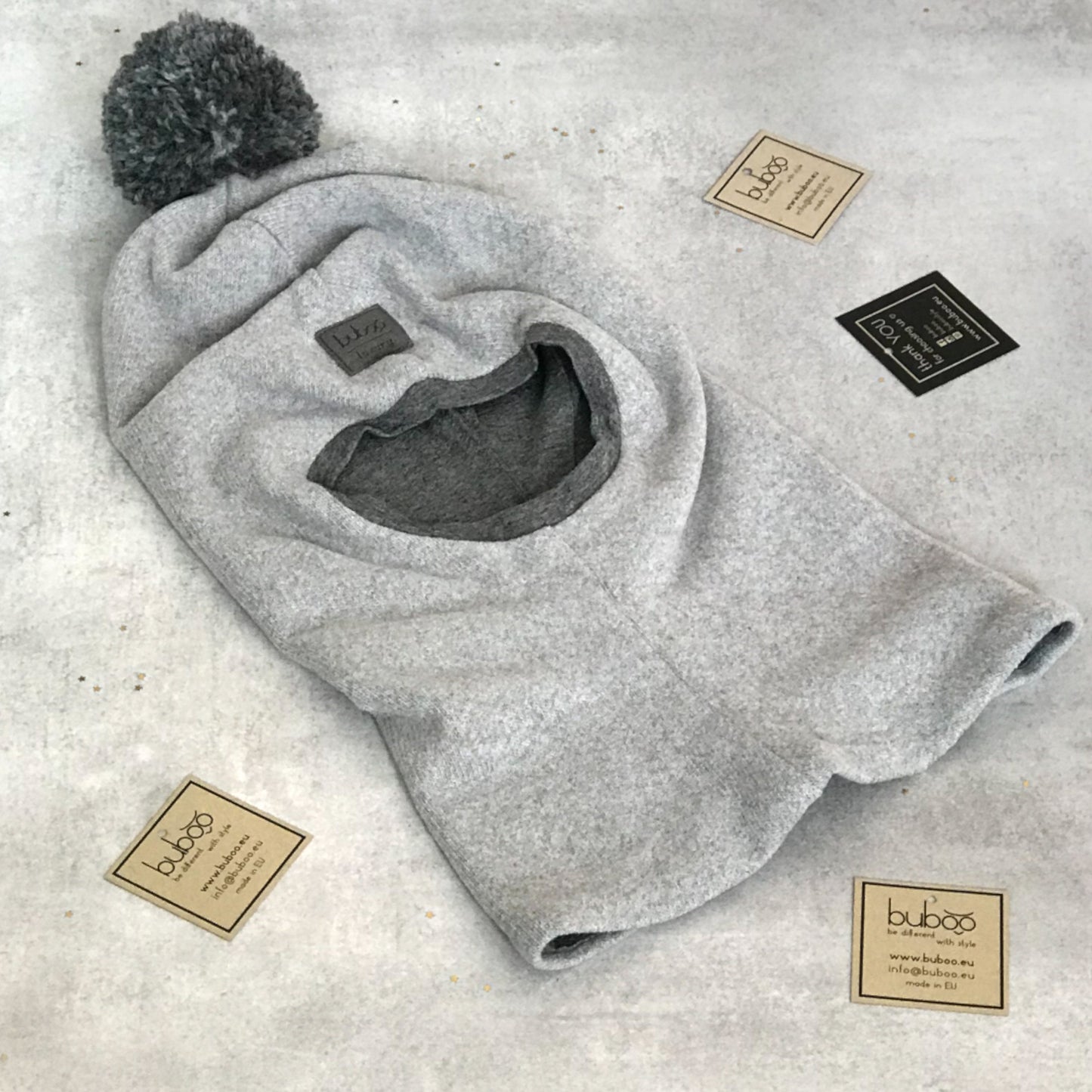 Luxury Cotton Kids Balaclava with Pompom – Grey | Autumn/Winter/Spring Hat – BUBOO