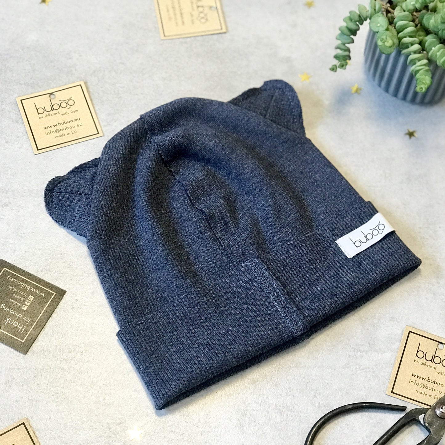 BEAR Cotton Baby Beanie with Teddy Ears – Blueberry | Ribbed One Layer Hat – BUBOO