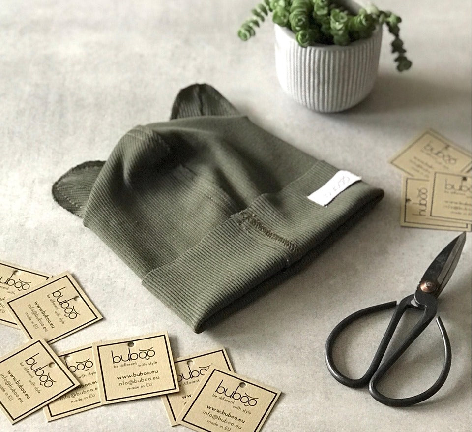 BEAR Cotton Baby Beanie with Teddy Ears – Chaki | Ribbed One Layer Hat – BUBOO