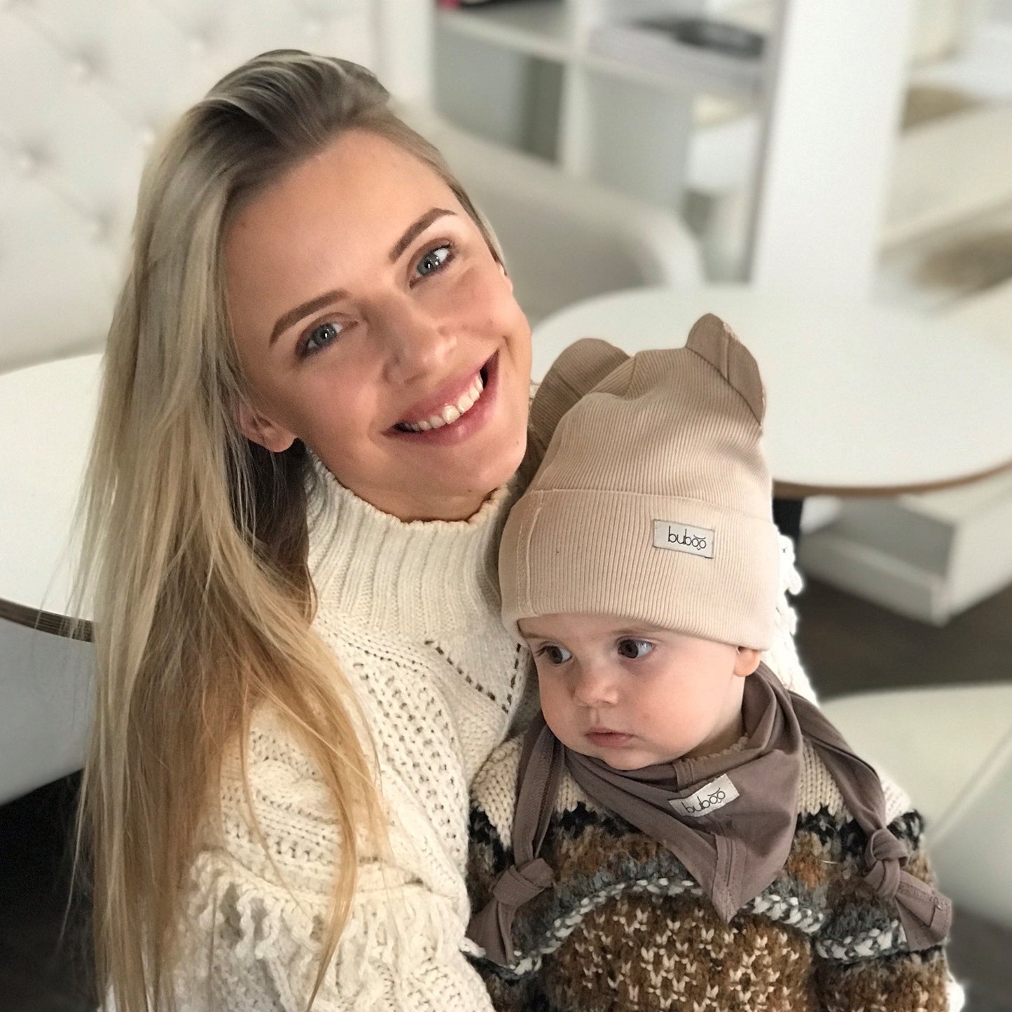 BEAR Cotton Baby Beanie with Teddy Ears – Cream | Ribbed One Layer Hat – BUBOO