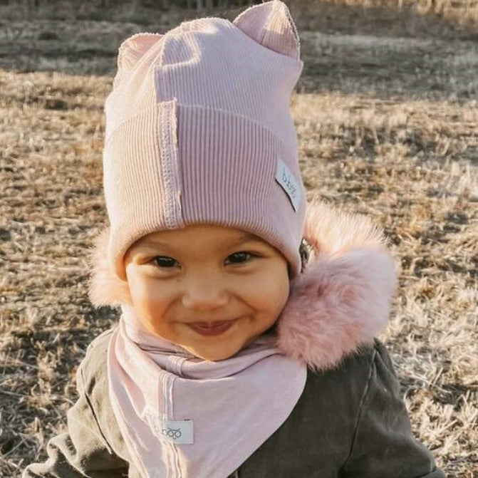 BEAR Cotton Baby Beanie with Teddy Ears – Ash Rose | Ribbed One Layer Hat – BUBOO
