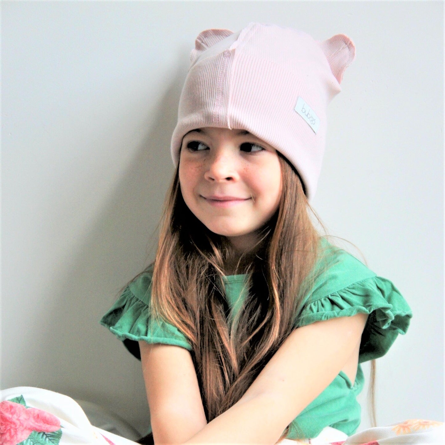 BEAR Cotton Baby Beanie with Teddy Ears – Powder | Ribbed One Layer Hat – BUBOO