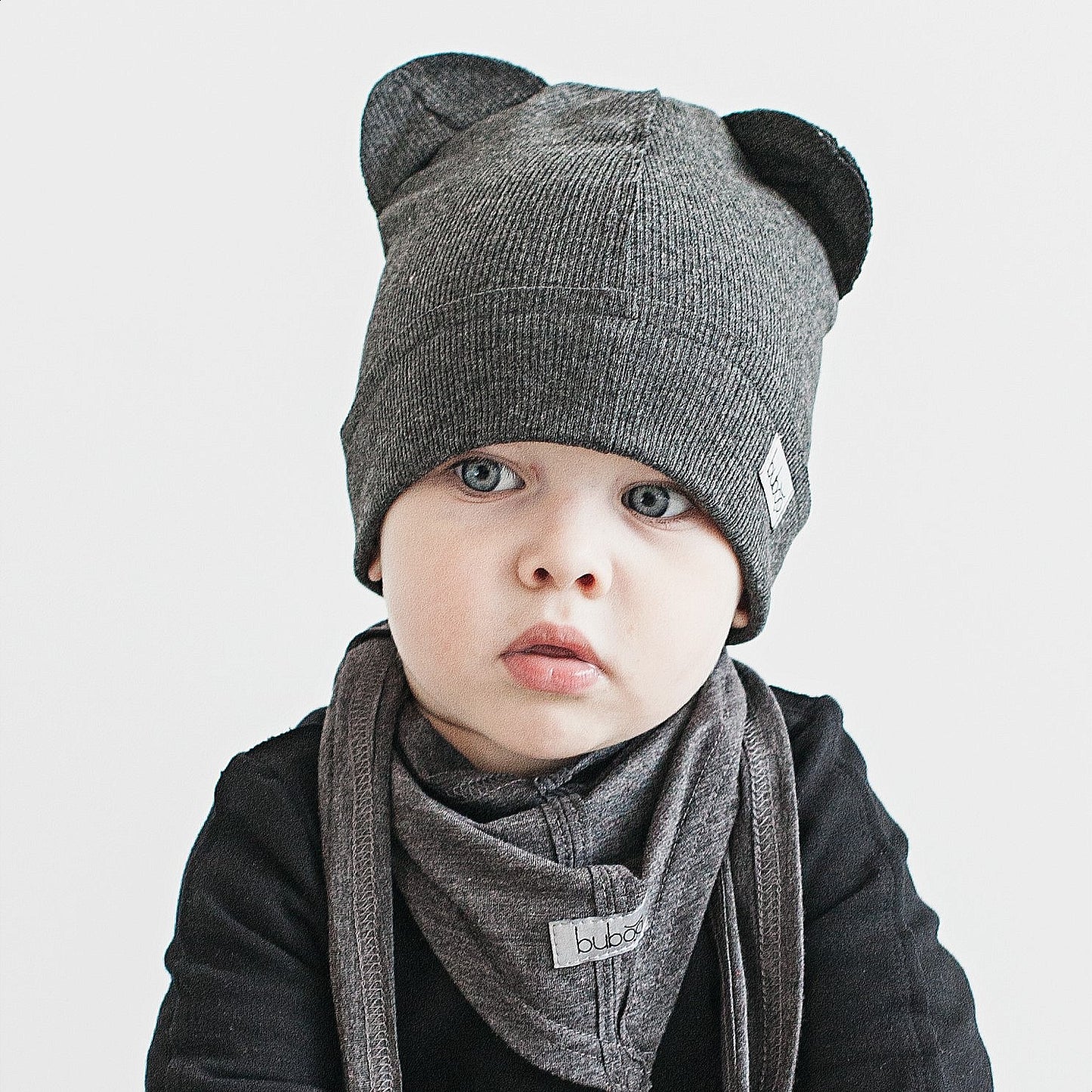 BEAR Cotton Baby Beanie with Teddy Ears – Dark Grey | Ribbed One Layer Hat – BUBOO