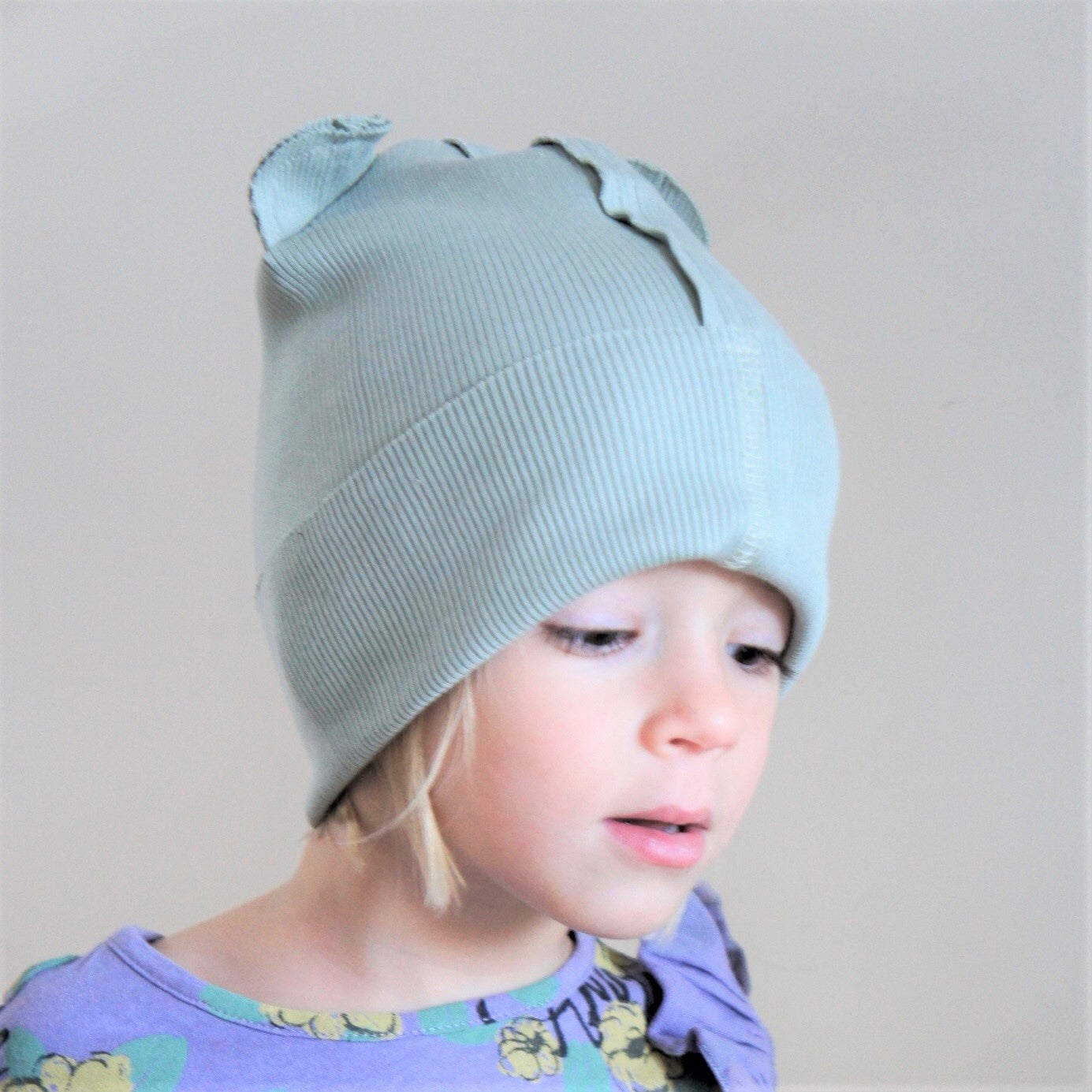 BEAR Cotton Baby Beanie with Teddy Ears – Mint | Ribbed One Layer Hat – BUBOO
