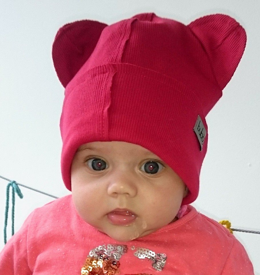 BEAR Cotton Baby Beanie with Teddy Ears – Cherry | Ribbed One Layer Hat – BUBOO