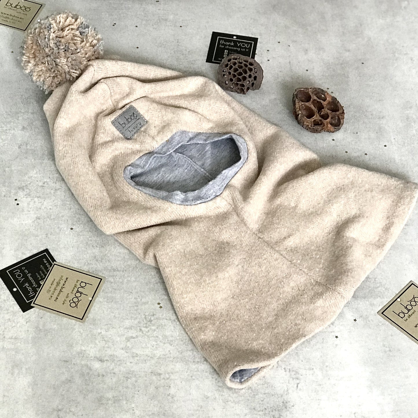 Luxury Cotton Kids Balaclava with Pompom – Latte | Autumn/Winter/Spring Hat – BUBOO