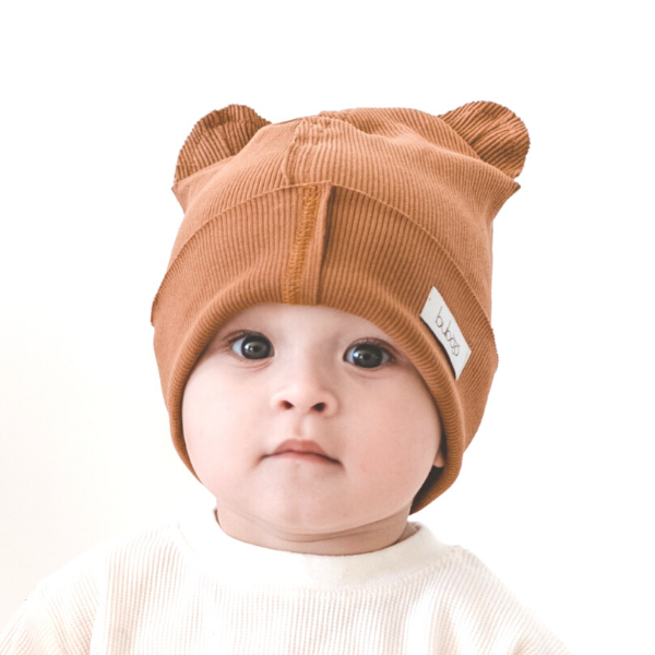 BEAR Cotton Kids Beanie with Teddy Ears – Caramel | Ribbed One Layer Hat – BUBOO