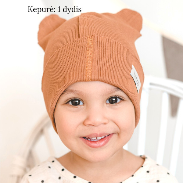 BEAR Cotton Kids Beanie with Teddy Ears – Caramel | Ribbed One Layer Hat – BUBOO