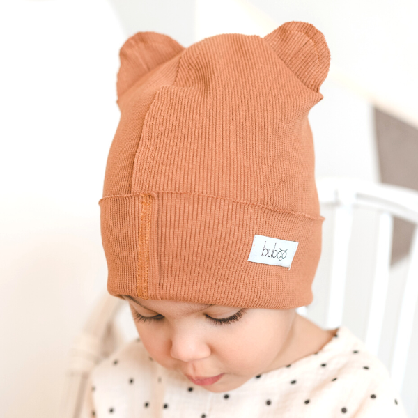 BEAR Cotton Kids Beanie with Teddy Ears – Caramel | Ribbed One Layer Hat – BUBOO