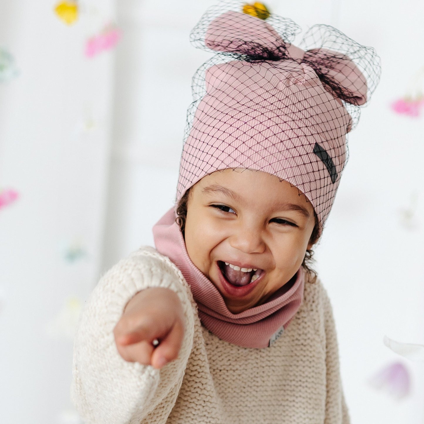 Extremely stylish girl doublelayered beanie FASHIONISTA powder with a black tulle