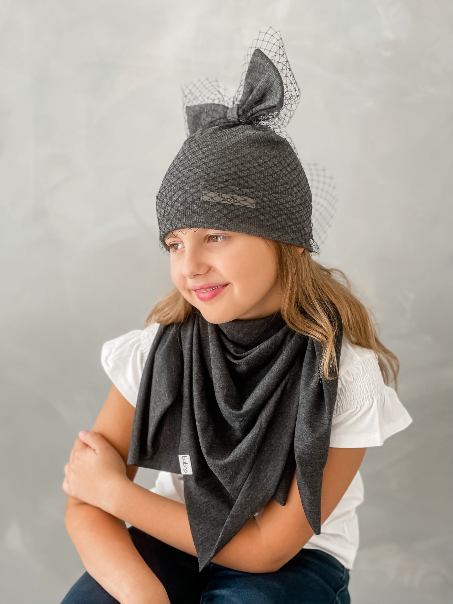 Extremely stylish girl doublelayered beanie with a tulle FASHIONISTA dark grey