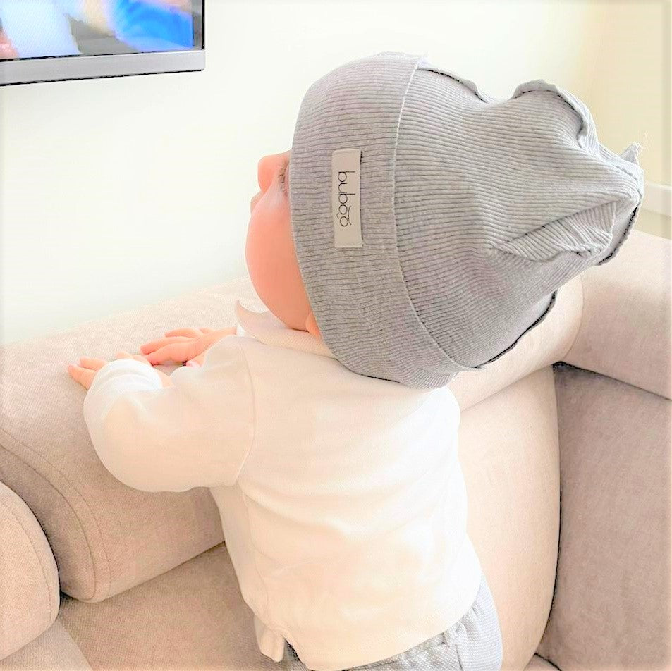 BEAR Cotton Baby Beanie with Teddy Ears – Mist | Ribbed One Layer Hat – BUBOO