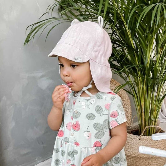 BEAR summer kids beanie with visor  laces and neck protection (softened linen) - pink