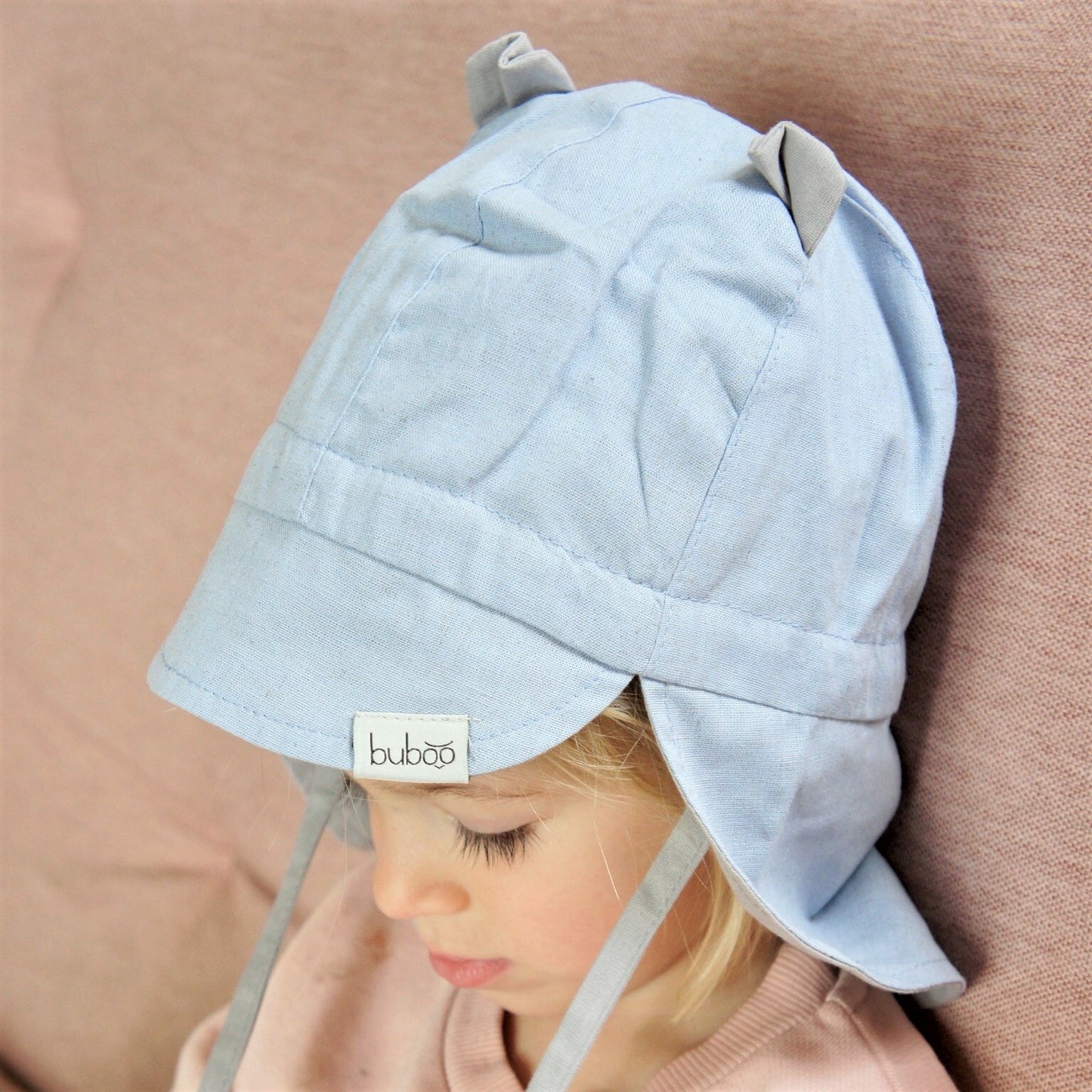 BEAR summer kids beanie with visor laces and neck protection (softened linen) - baby blue