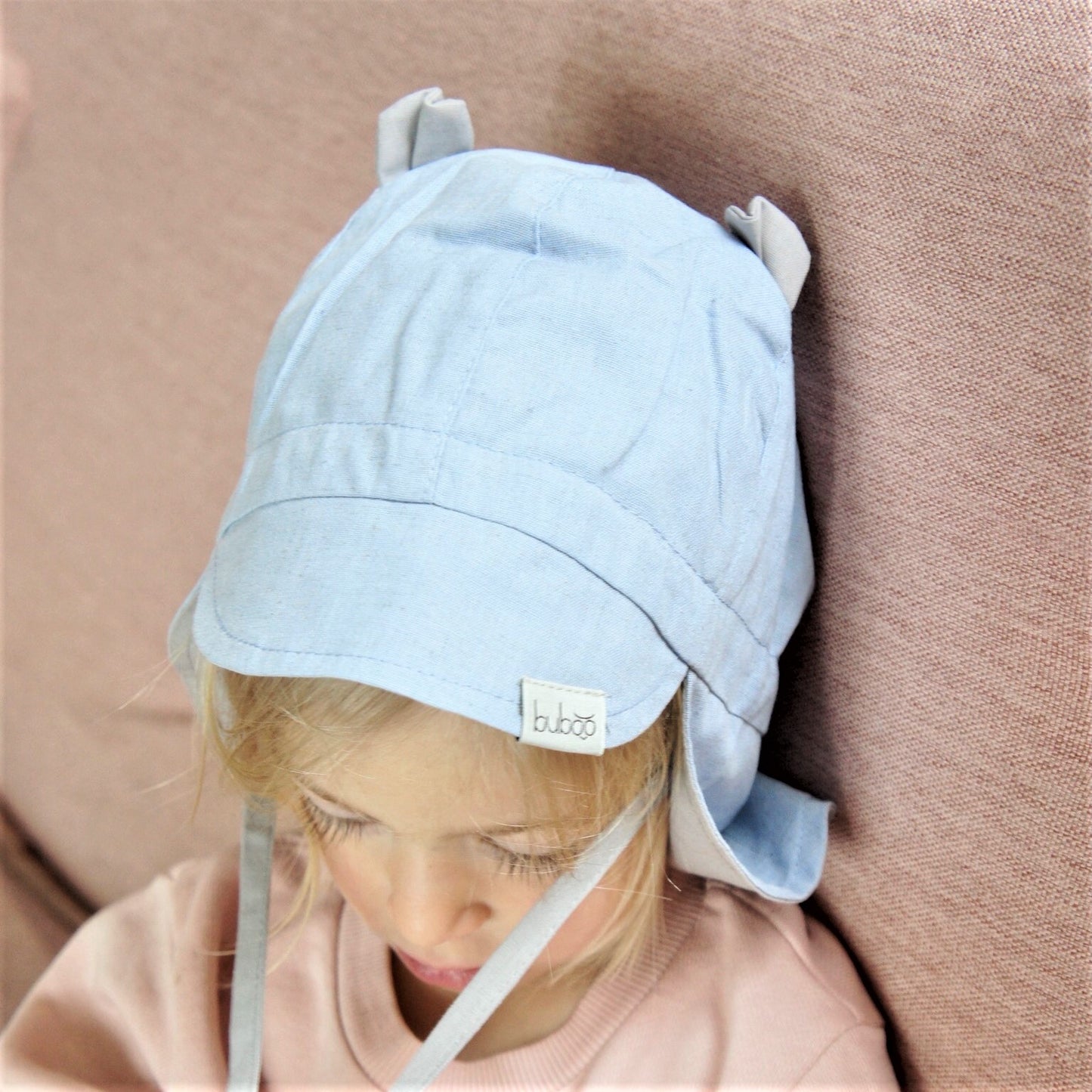 BEAR summer kids beanie with visor laces and neck protection (softened linen) - baby blue