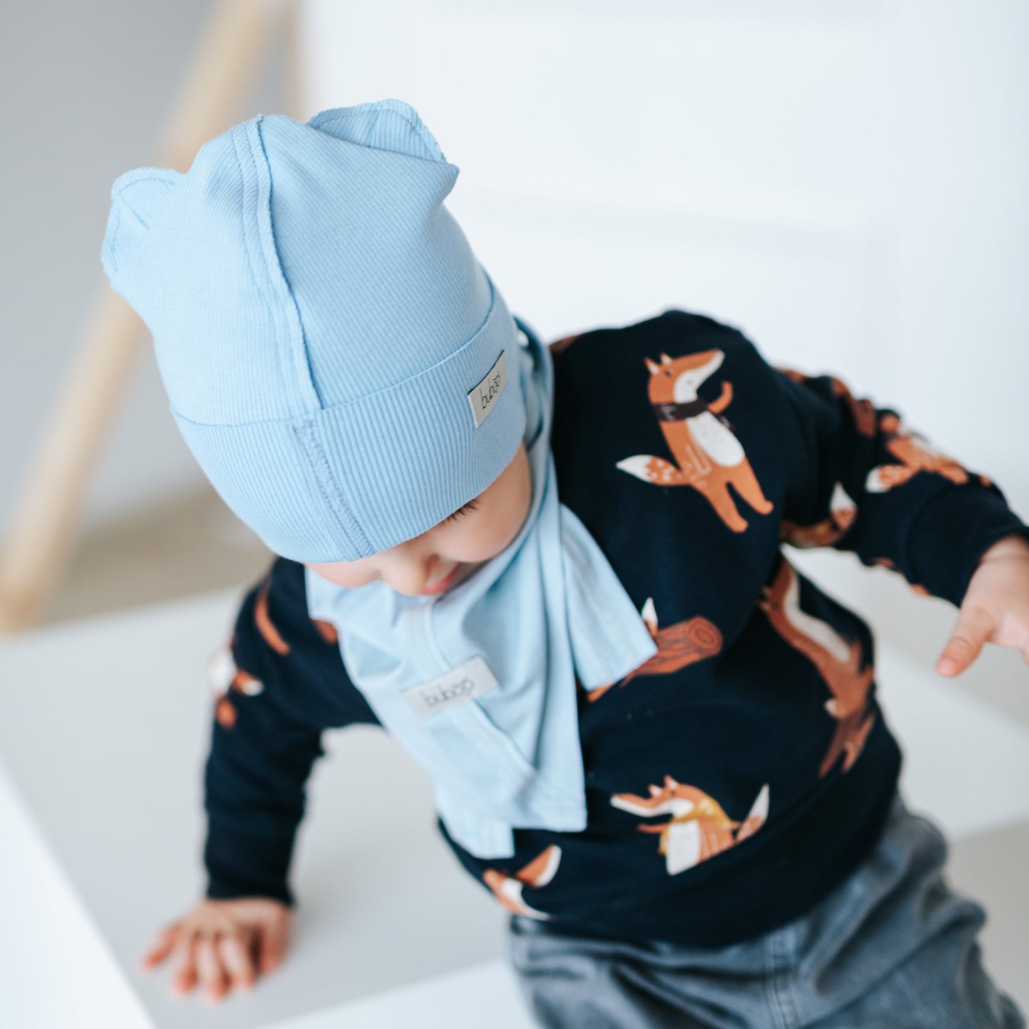 BEAR Cotton Baby Beanie with Teddy Ears – Cloud | Ribbed One Layer Hat – BUBOO