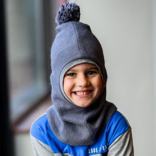 Stylish fall winter mohera wool kids HELMET with pompom grey