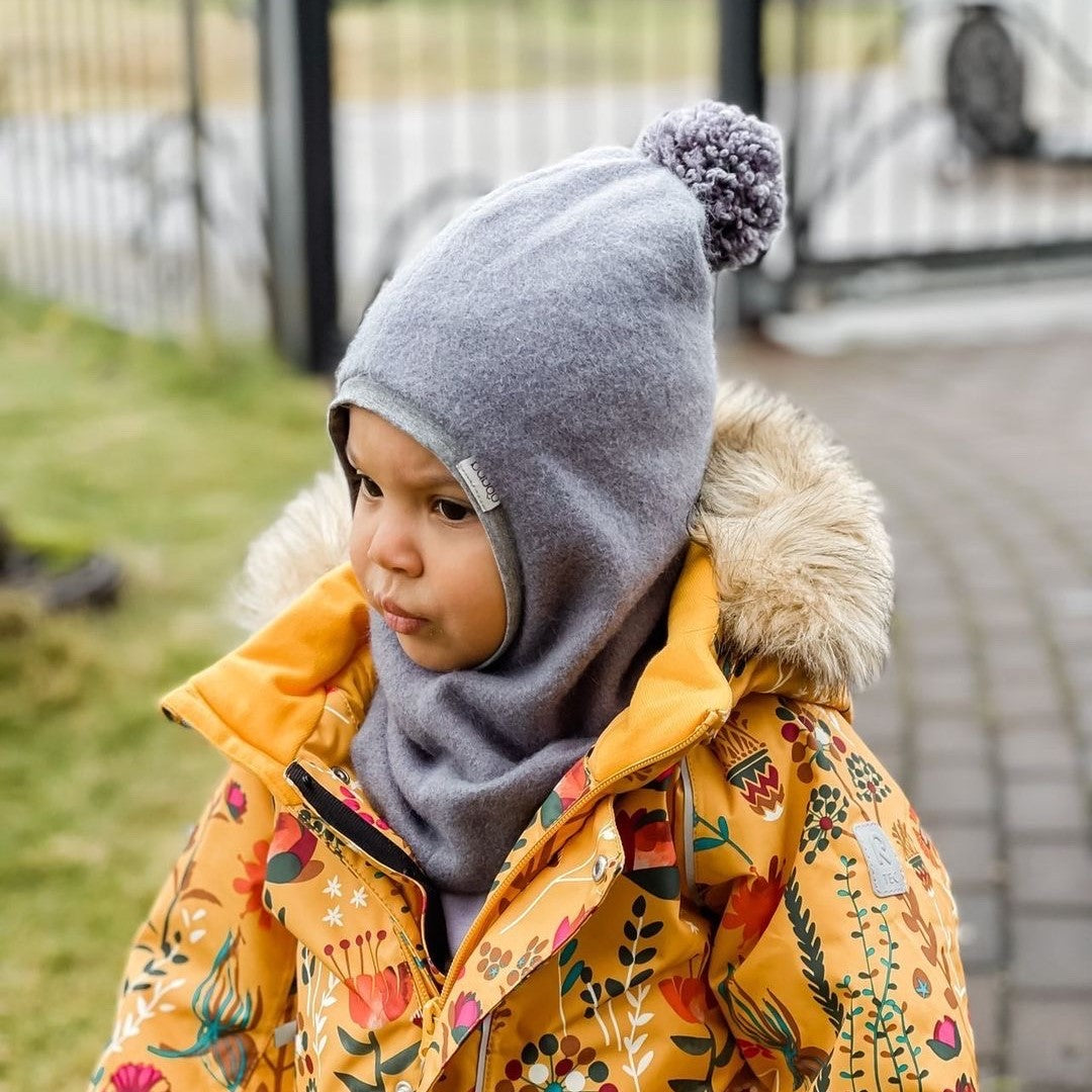 Stylish fall winter mohera wool kids HELMET with pompom grey