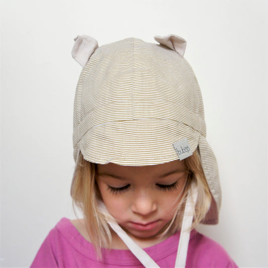 BEAR summer kids beanie with spout  laces and neck protection (100% cotton) - brown stripes