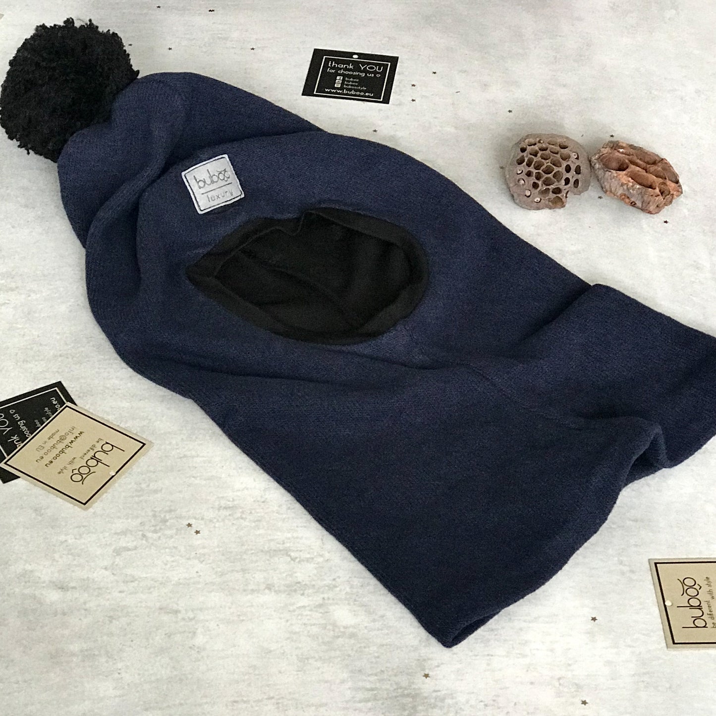 Luxury Cotton Kids Balaclava with Pompom – Blue | Autumn/Winter/Spring Hat – BUBOO