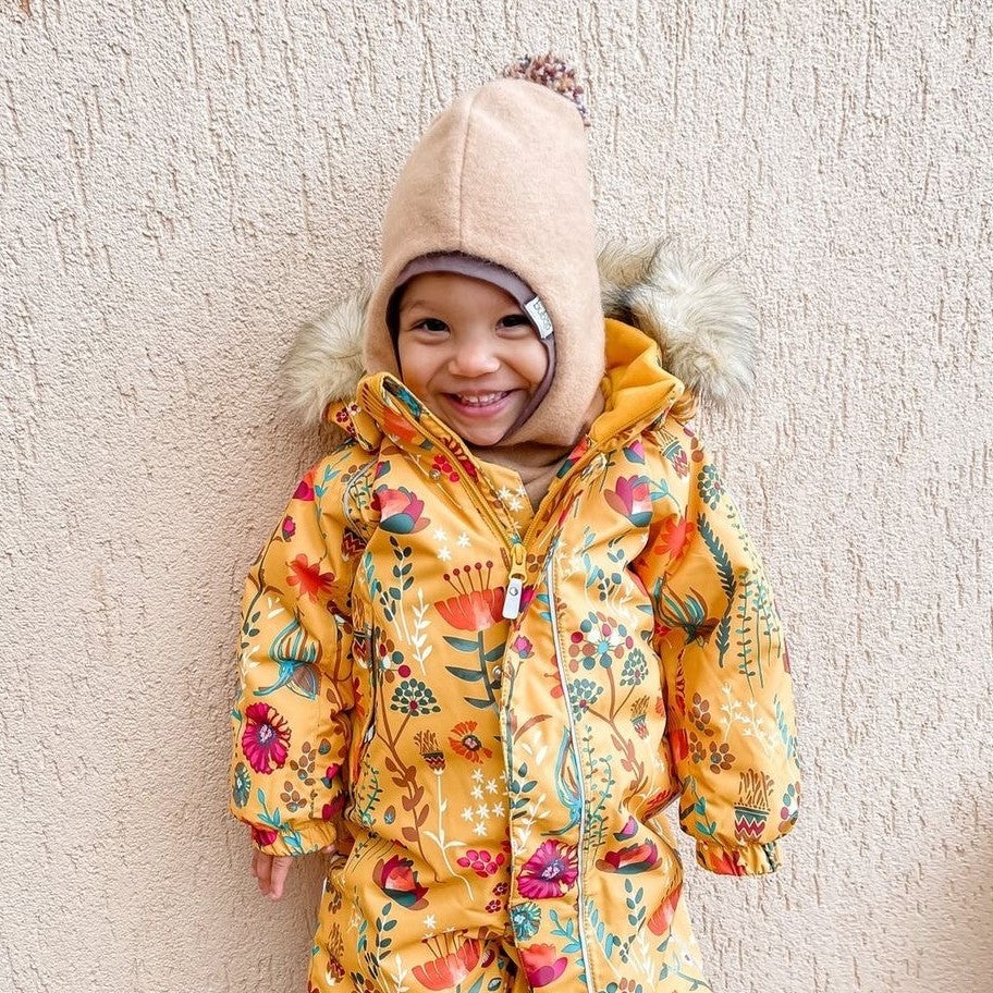 Stylish fall winter mohera wool kids HELMET with pompom sand