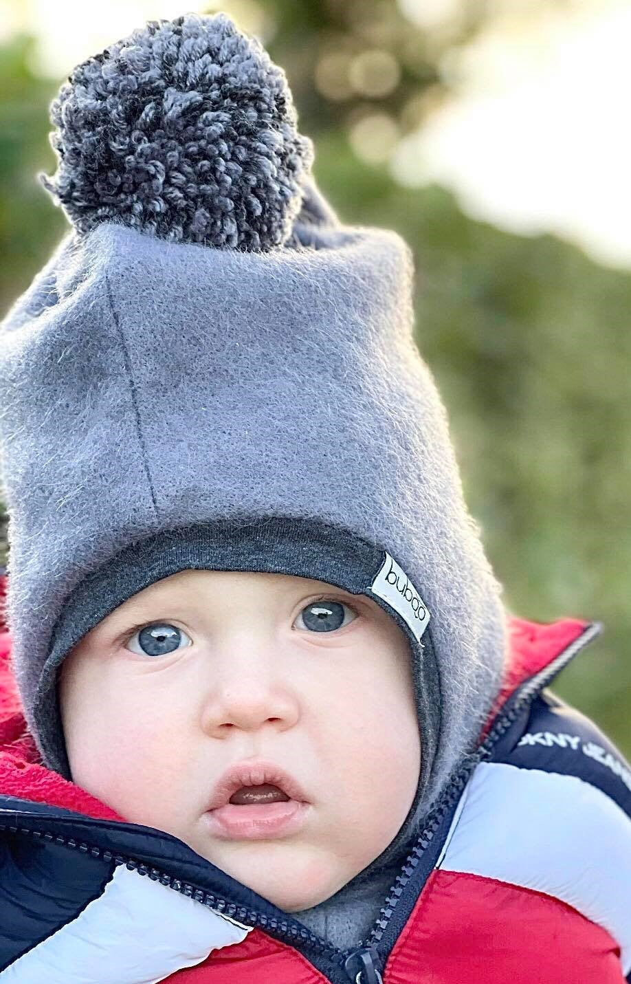 Stylish fall winter mohera wool kids HELMET with pompom grey