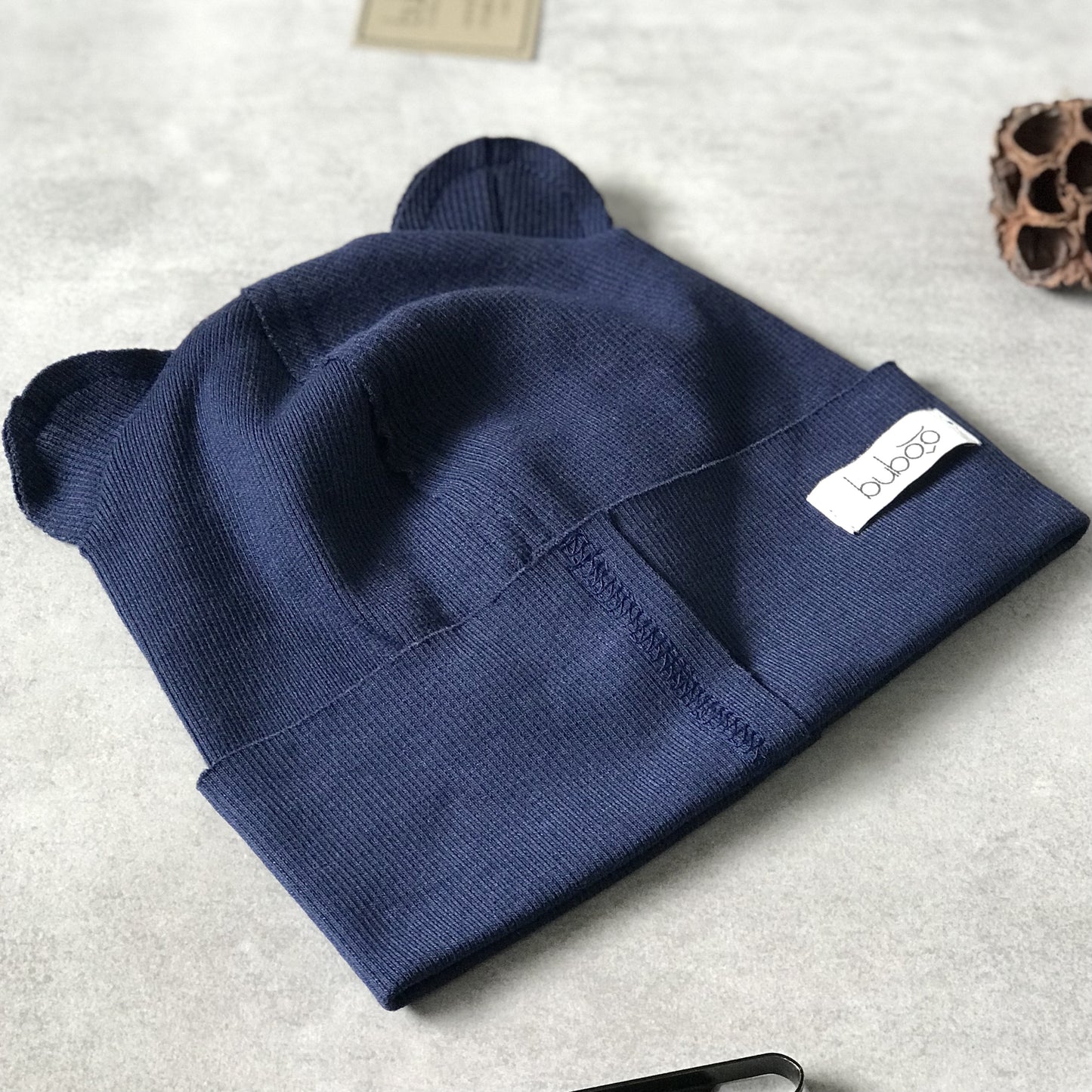 BEAR Cotton Kids Beanie with Teddy Ears – Dark Blue | Ribbed One Layer Hat – BUBOO