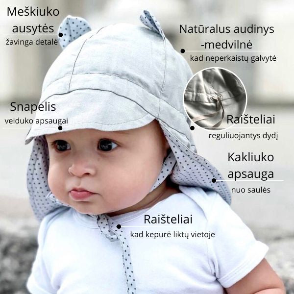 BEAR vasarinė vaikiška kepurė su snapeliu raišteliais ir kaklo apsauga (100% medvilnė) - kreminės spalvos