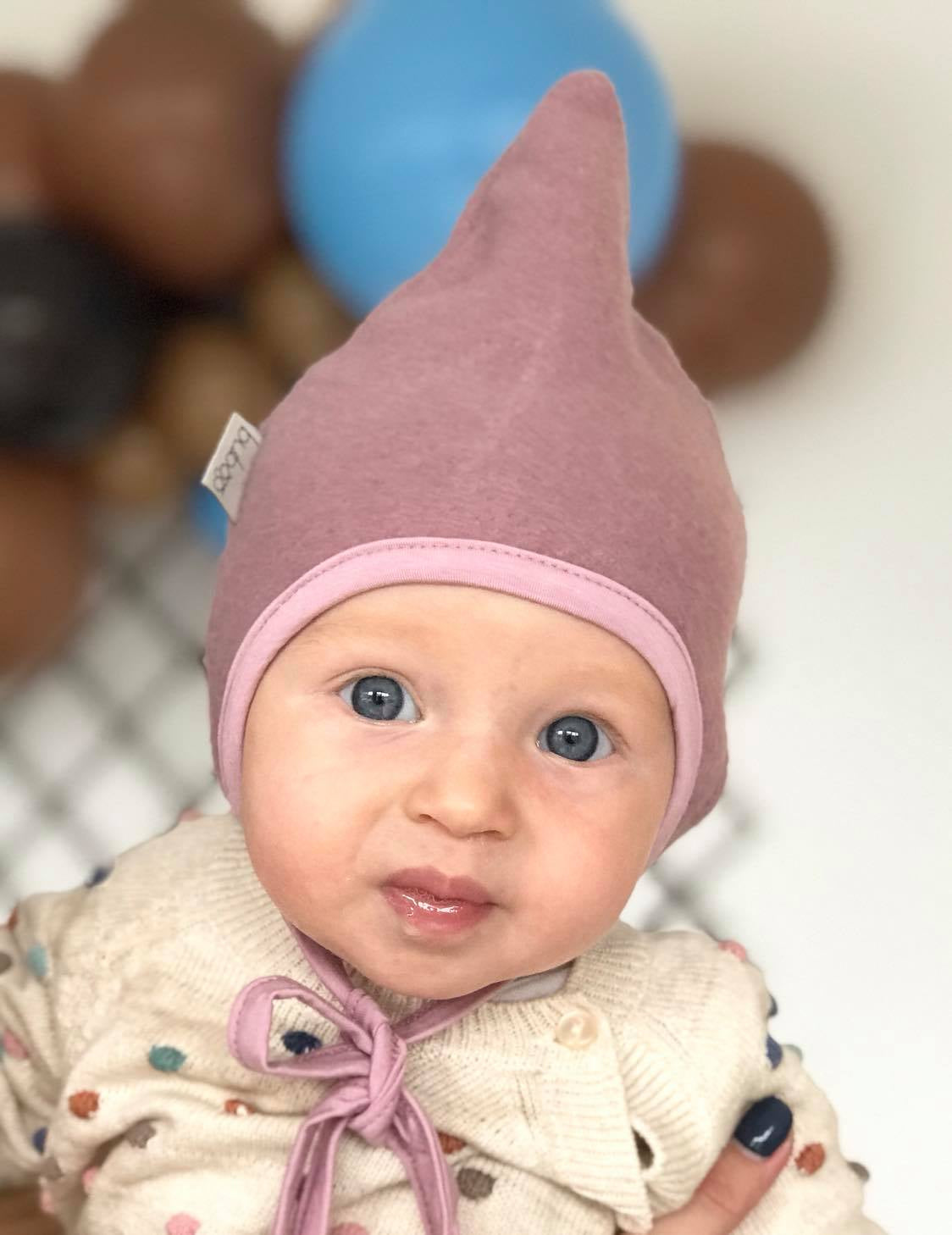 Kids mohera wool beanie with straps for autumn/winter DROP ash rose / dark grey inside