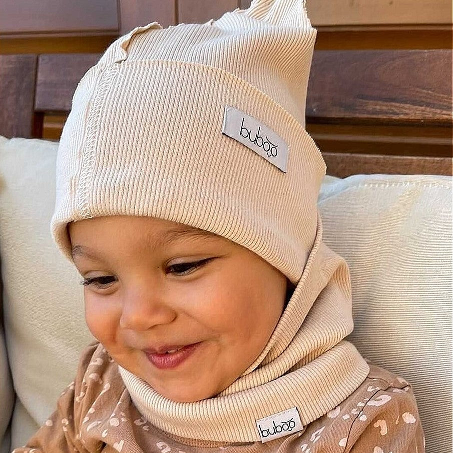 BEAR Cotton Baby Beanie with Teddy Ears – Cream | Ribbed One Layer Hat – BUBOO