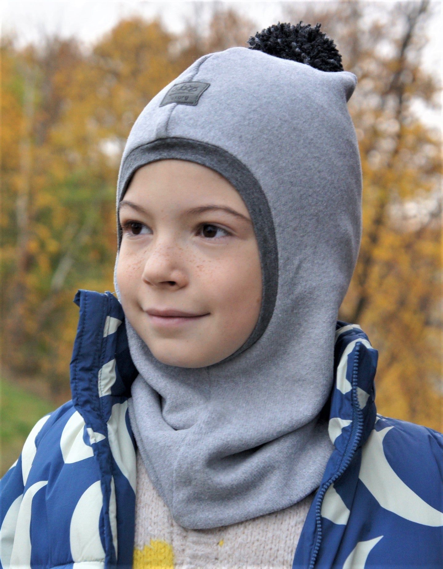 Luxury Cotton Kids Balaclava with Pompom – Grey | Autumn/Winter/Spring Hat – BUBOO
