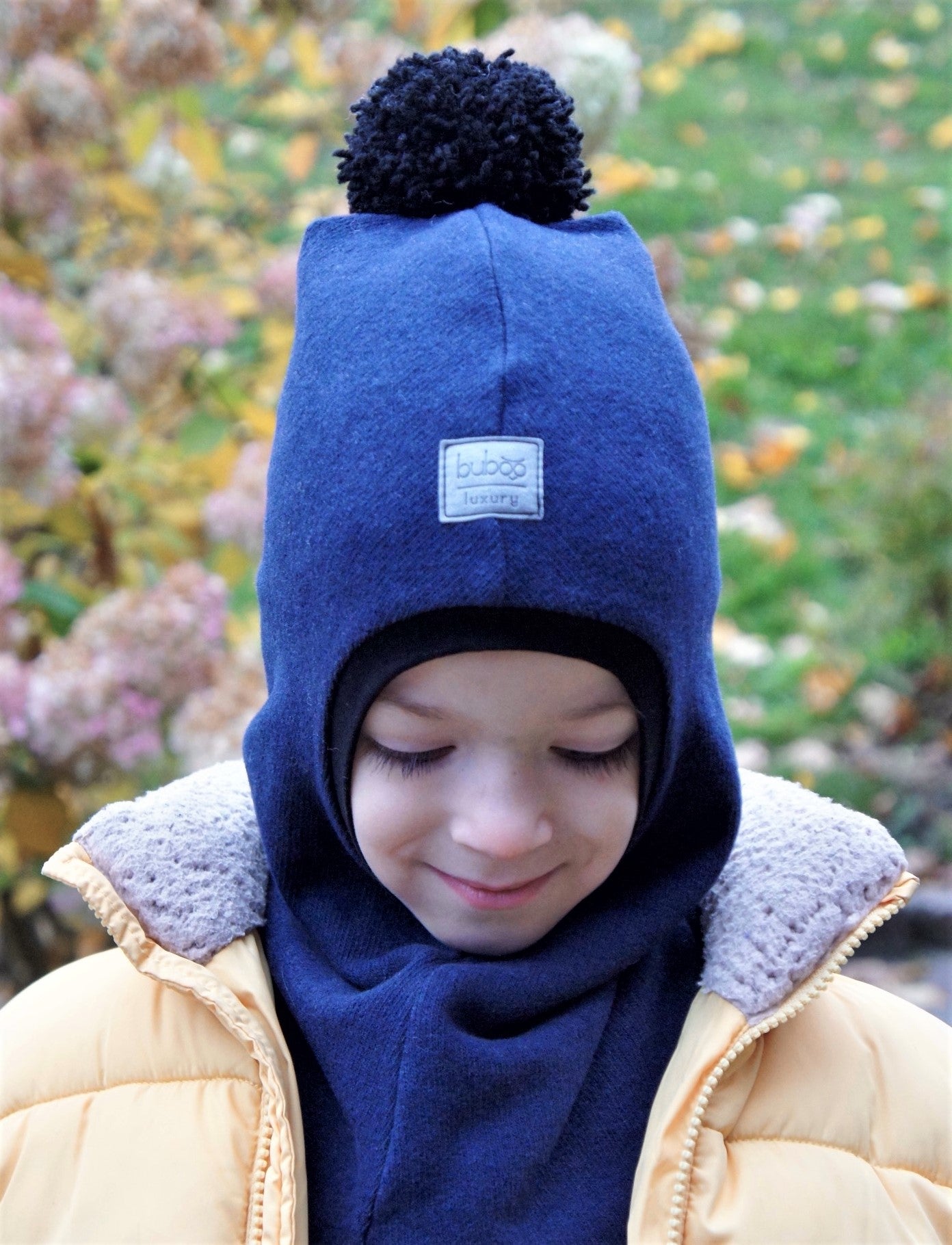 Luxury Cotton Kids Balaclava with Pompom – Blue | Autumn/Winter/Spring Hat – BUBOO