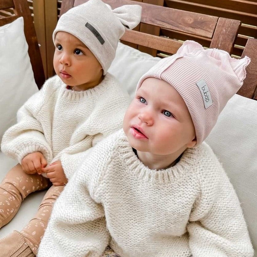 BEAR Cotton Baby Beanie with Teddy Ears – Ash Rose | Ribbed One Layer Hat – BUBOO