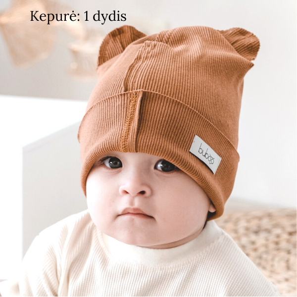 BEAR Cotton Kids Beanie with Teddy Ears – Caramel | Ribbed One Layer Hat – BUBOO