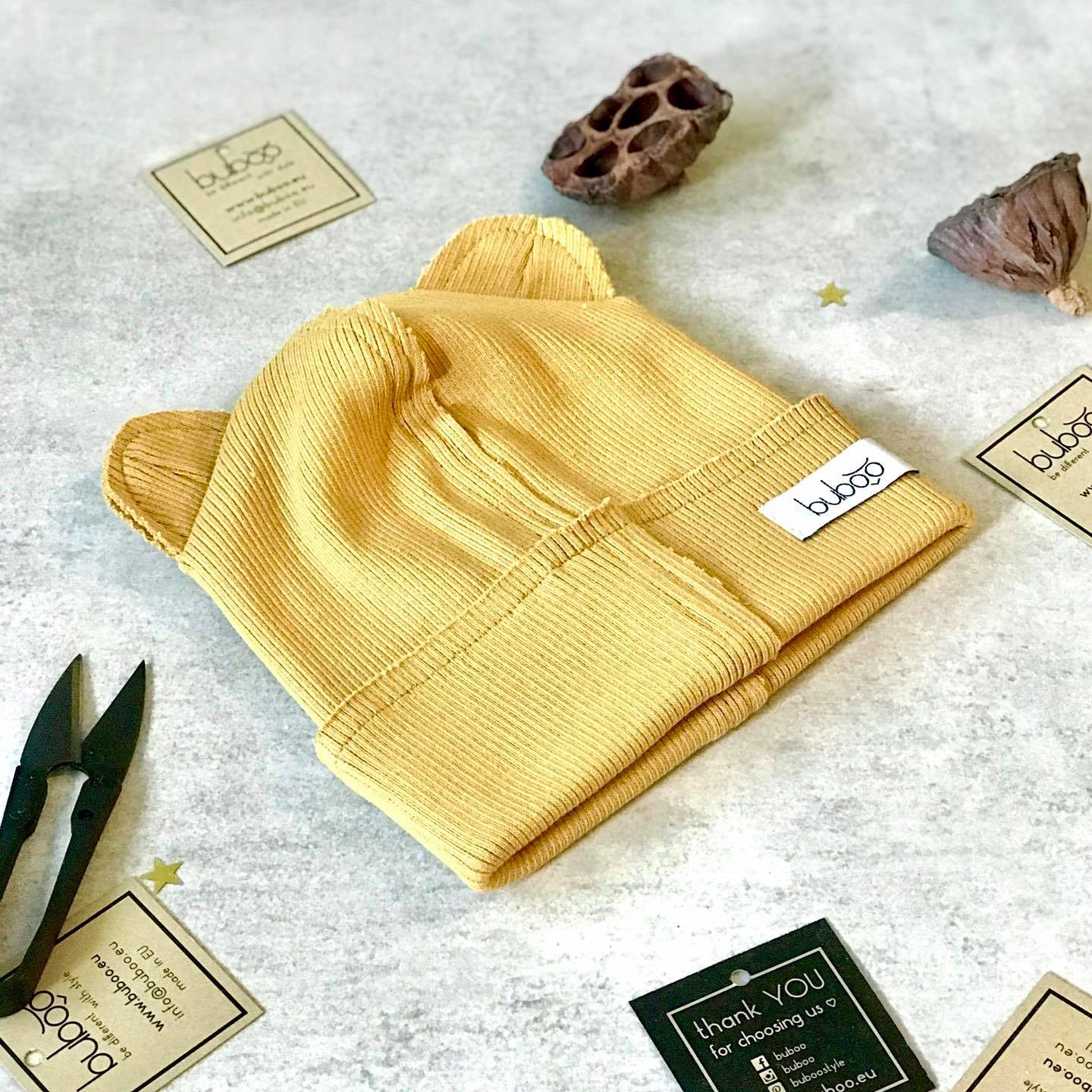 BEAR Mustard yellow Double Cotton Beanie with Teddy Ears
