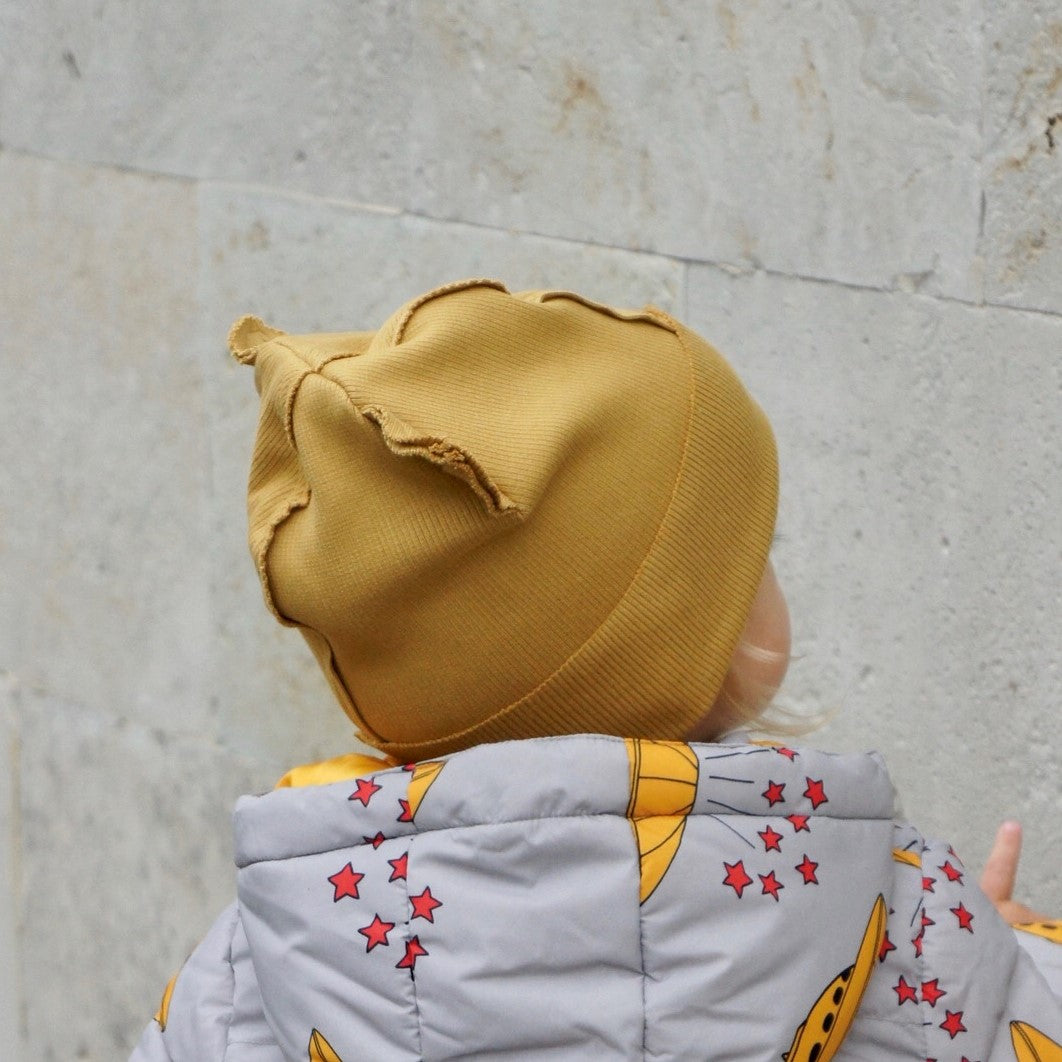 BEAR Mustard yellow Double Cotton Beanie with Teddy Ears