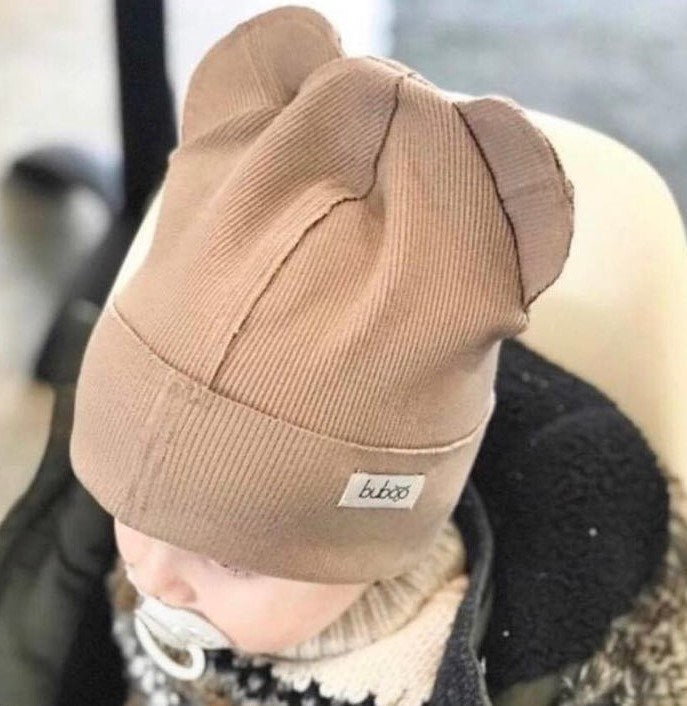 BEAR Cotton Baby Beanie with Teddy Ears – Cocoa | Ribbed One Layer Hat – BUBOO