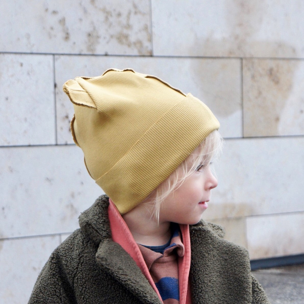 BEAR Cotton Kids Beanie with Teddy Ears – Mustard | Ribbed One Layer Hat – BUBOO