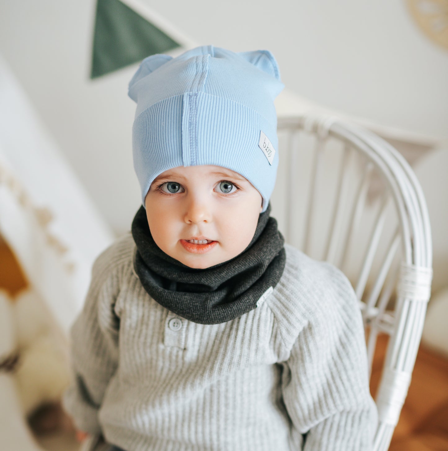 BEAR Cotton Baby Beanie with Teddy Ears – Cloud | Ribbed One Layer Hat – BUBOO