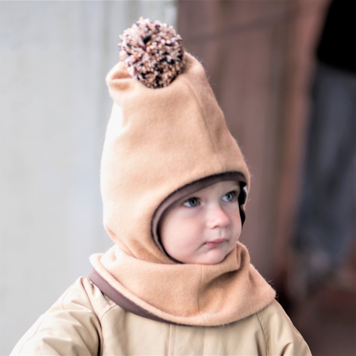 Stylish fall winter mohera wool kids HELMET with pompom sand