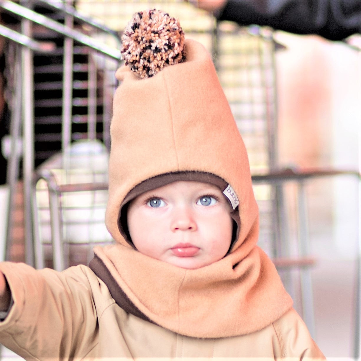 Stylish fall winter mohera wool kids HELMET with pompom sand