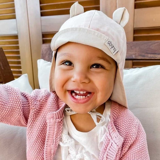 BEAR summer kids beanie with visor  laces and neck protection (100% cotton) - blush powder