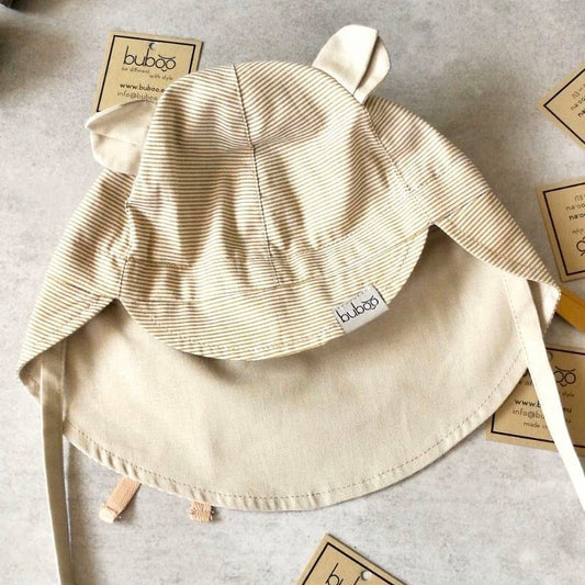 BEAR summer kids beanie with spout  laces and neck protection (100% cotton) - brown stripes