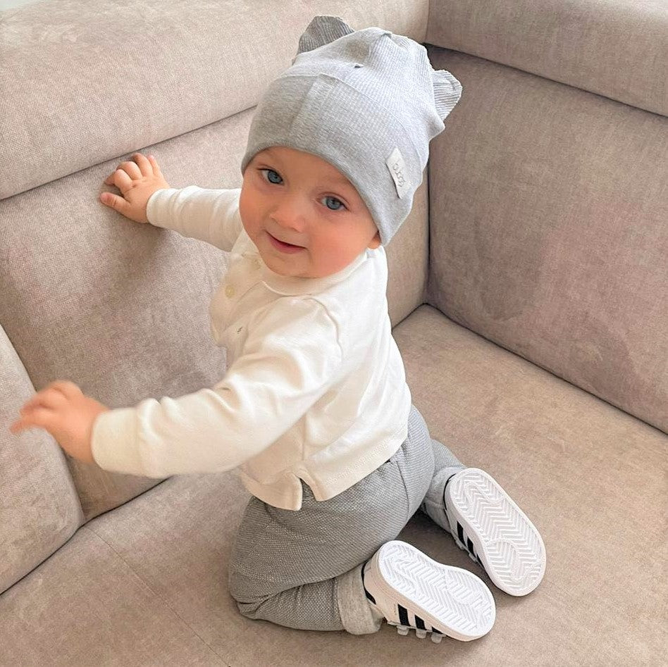 BEAR Cotton Baby Beanie with Teddy Ears – Mist | Ribbed One Layer Hat – BUBOO