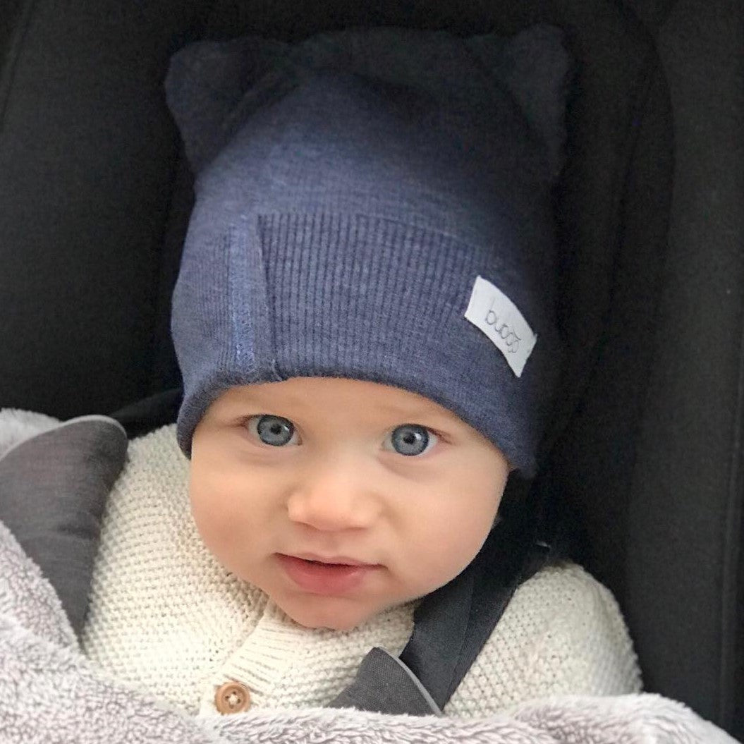 BEAR Cotton Baby Beanie with Teddy Ears – Blueberry | Ribbed One Layer Hat – BUBOO