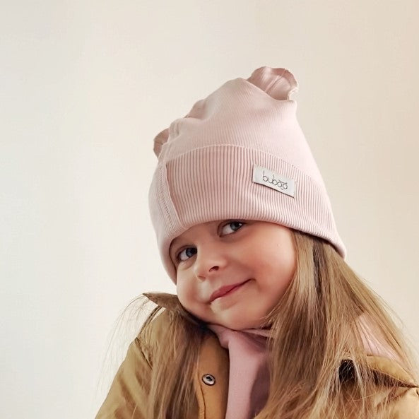 BEAR Cotton Baby Beanie with Teddy Ears – Powder | Ribbed One Layer Hat – BUBOO