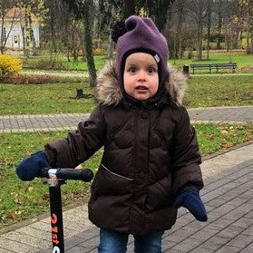 Stylish fall winter mohera wool kids HELMET with pompom purple