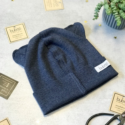 BEAR Cotton Baby Beanie with Teddy Ears – Blueberry | Ribbed One Layer Hat – BUBOO