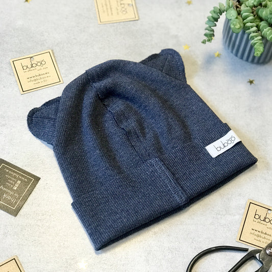 BEAR Cotton Baby Beanie with Teddy Ears – Blueberry | Ribbed One Layer Hat – BUBOO