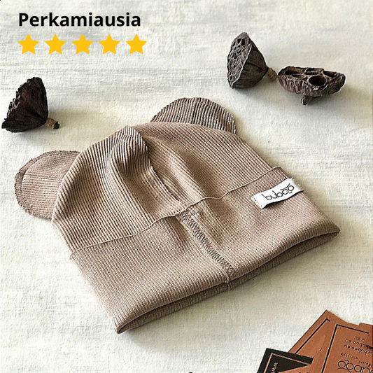 BEAR Cotton Baby Beanie with Teddy Ears – Cocoa | Ribbed One Layer Hat – BUBOO